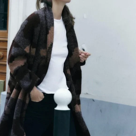 ZARA Oversized Jacquard Long Knit Coat(Multicolor, US S, M, L/EUR S, M, L) - Picture 1 of 11